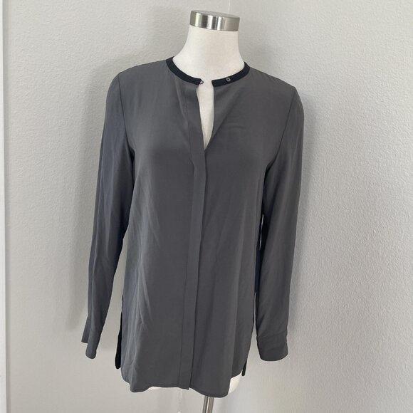 Vince Shirt Womens 6 Gray Black 100% Silk Long Sleeve Tunic Blouse Top High Low - Picture 1 of 12